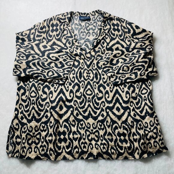 Jones New York Signature Womens Tan & Black Abstract Print Linen Top Size 3X - Picture 1 of 8